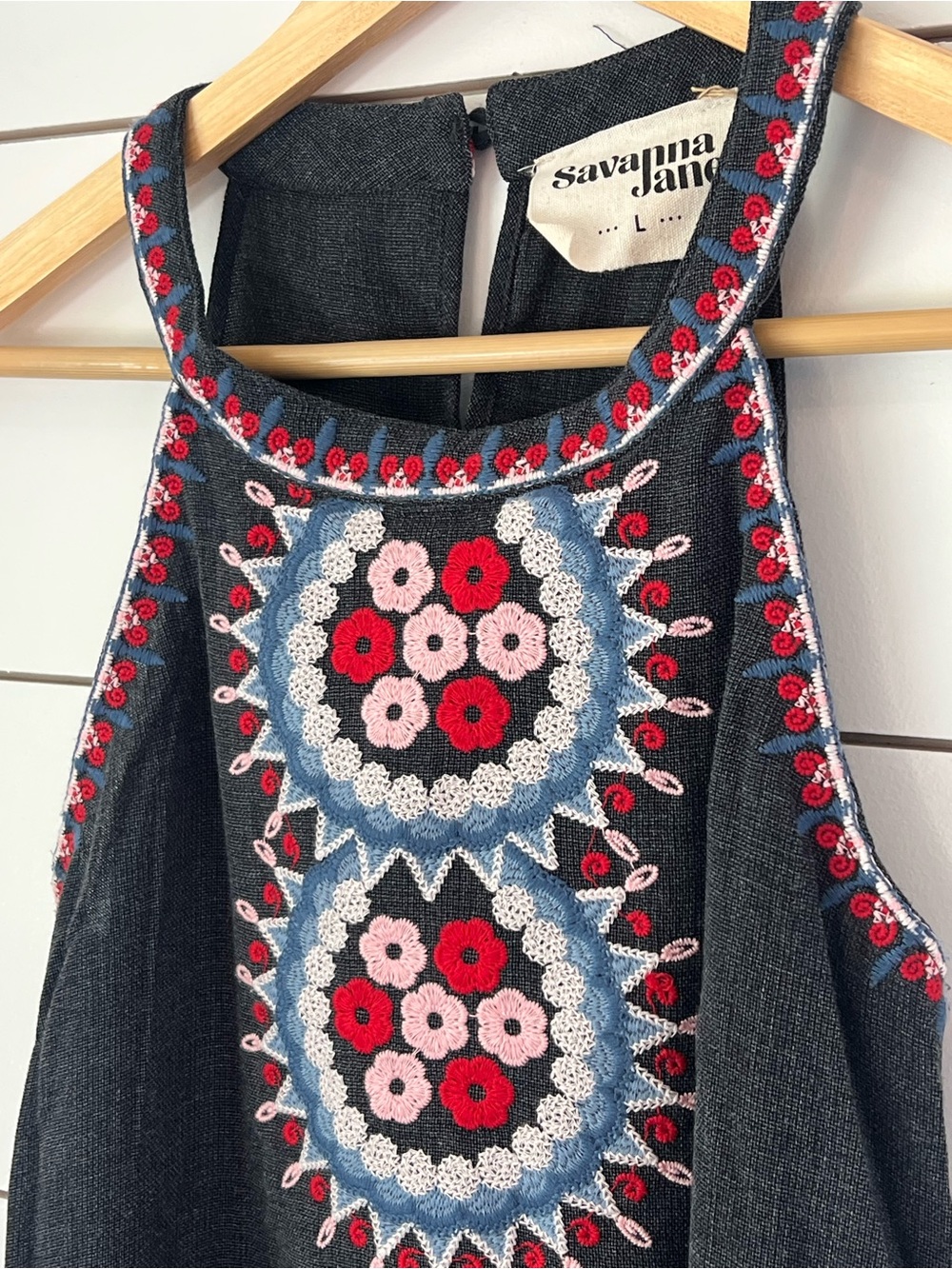 Savanna Jane Gray Embroidered Floral Tank boho/ cottagecore/ resort/ western - Picture 3 of 6